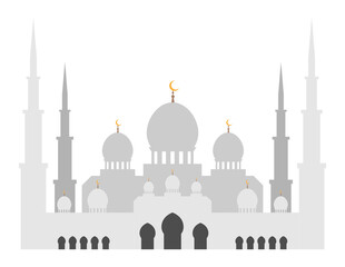 Fototapeta premium Ancient temple with tall spires, muslim mosque facade with stone walls, dome and crescent symbol on top. Religious building for prayers flat. Vector isolated on white background