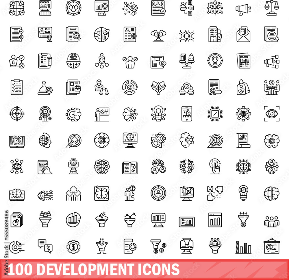 Poster 100 development icons set. outline illustration of 100 development icons vector set isolated on whit