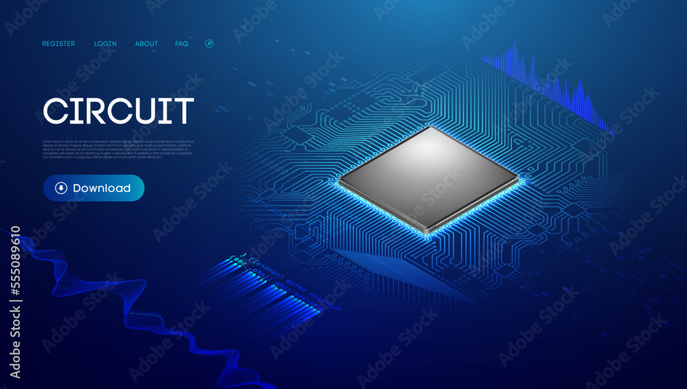 Poster isometric microchip artificial intelligence. big data semiconductor technology illustration. interne