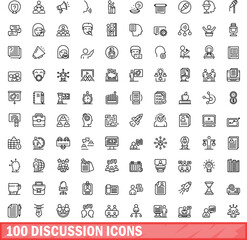 Fototapeta na wymiar 100 discussion icons set. Outline illustration of 100 discussion icons vector set isolated on white background