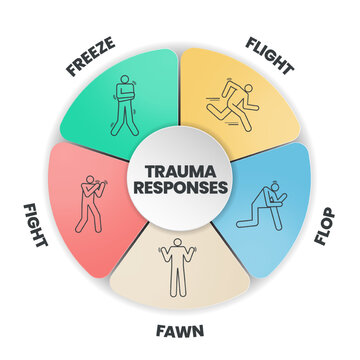 Fear Responses Model infographic presentation template with icons is a 5F Trauma Response such as fight, fawn, flight, flop and freeze. Mental health and Personality Type concept. Education vector.
