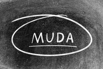White chalk hand writing in word muda and circle shape on blackboard background
