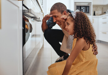 Father, girl and kitchen by oven, baking and learning together for love, bonding or happiness in...