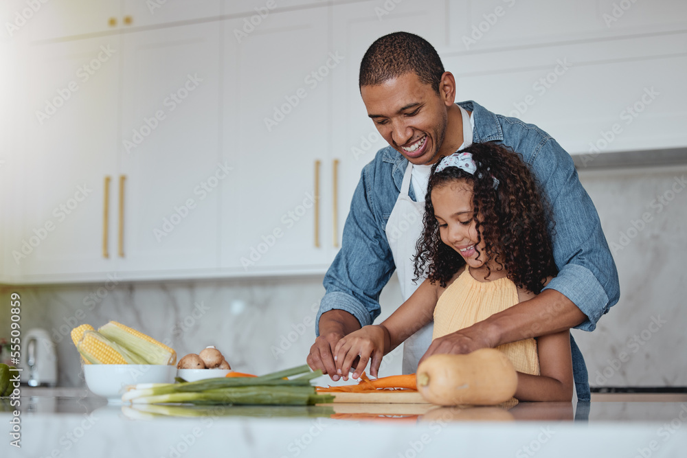 Wall mural love, father and girl cooking food with healthy vegetables for lunch or dinner meal as a happy famil