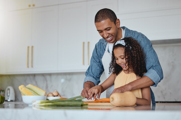Love, father and girl cooking food with healthy vegetables for lunch or dinner meal as a happy...
