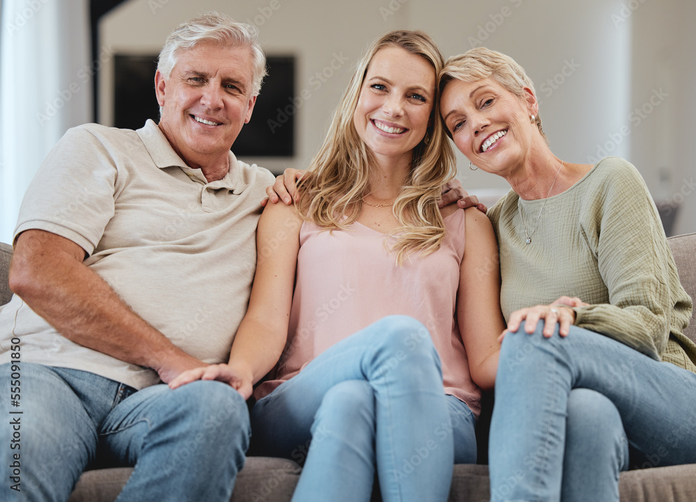 Canvas Prints Support, relax and daughter with senior parents during a visit, family love and happy on the living room sofa. Smile, comfort and face portrait of a woman with elderly mother and father on the couch