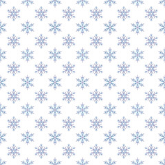 Snowflake simple seamless pattern. Blue snow on white background. Winter symbol, Merry Christmas holiday