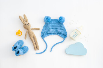 Baby newborn hat with kids toys and accessories, top view
