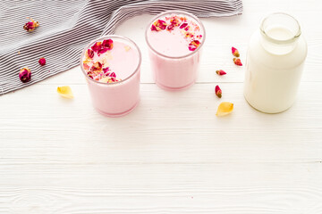 Pink red velvet latte tea or coffee. Cold healthy drink