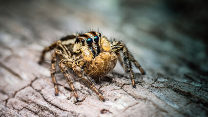 Close up of a jumping spider on a tree bark, Macro photography, Jumping Spider is resting on bark of tree, Tiny yellow jumping spider, Selective focus, Insect Thailand.