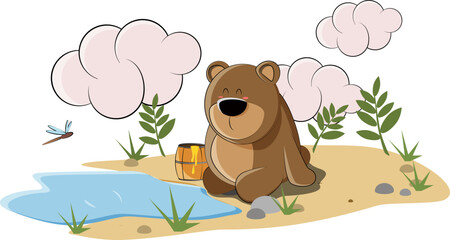 A cute bear sits by the lake and eats honey from his barrel