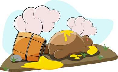 A cute bear ate too much honey and went to bed next to a large barrel of honey