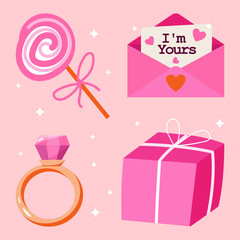 cartoon collection of valentines day elements ring envelope with note and inscription i am yours round lollipop and gift