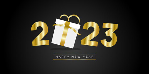 Happy New Year 2023 with white gift box and gloden ribbon luxury elegant design vector illustration on black background