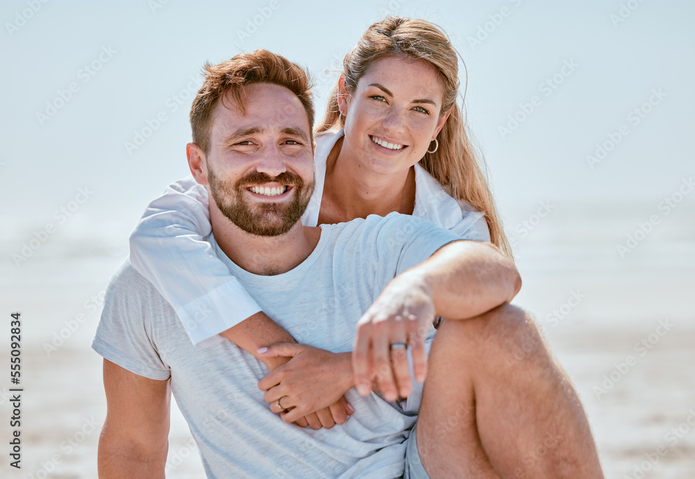 Poster Love, couple and hug at beach on vacation, holiday or summer trip. Portrait, romance or care of man and woman hugging, cuddle or embrace and relaxing, having fun or enjoying time on seashore outdoors