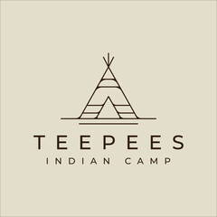teepees indian line art logo vector simple minimalist illustration template icon graphic design. traditional indian camp sign or symbol for adventure and wanderlust concept - obrazy, fototapety, plakaty