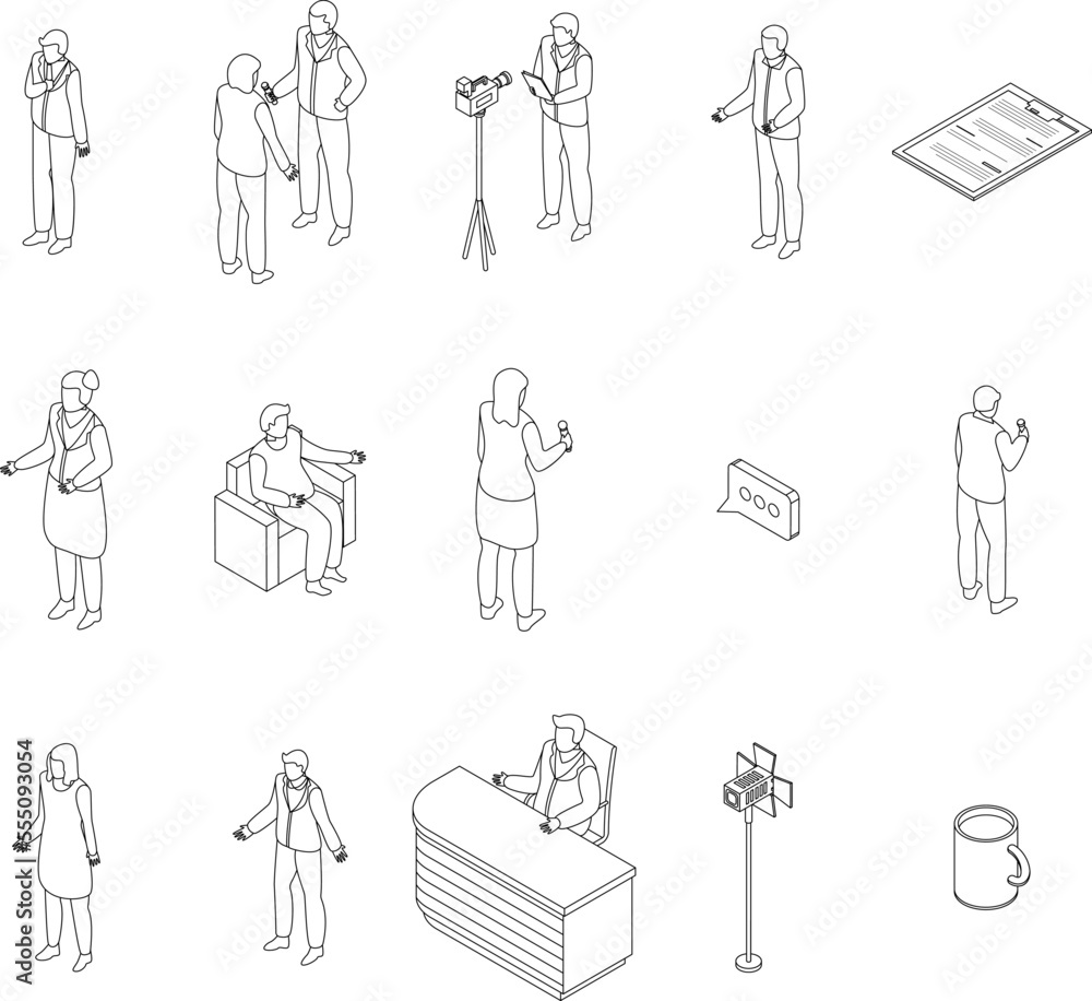 Wall mural tv presenter icons set. isometric set of tv presenter vector icons outline on white thin line collec