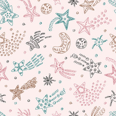 Vector Stars and Comets doodle seamless pattern. Vintage wallpaper with stars.