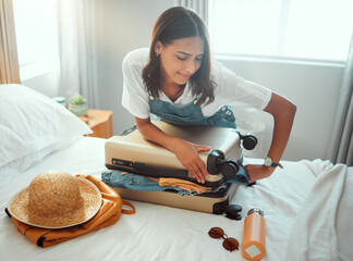 Woman, overloaded suitcase and luggage bag in bedroom for travel, vacation and international...
