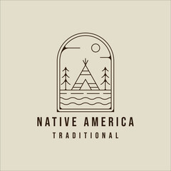 teepees indian line art logo vector simple minimalist illustration template icon graphic design. traditional indian camp sign or symbol for adventure and wanderlust with badge emblem concept © zyxroun