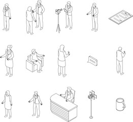 TV presenter icons set. Isometric set of TV presenter vector icons outline on white thin line collection