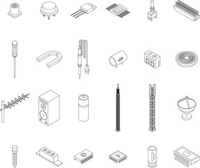 Radio engineer icons set. Isometric set of radio engineer vector icons outline on white thin line collection