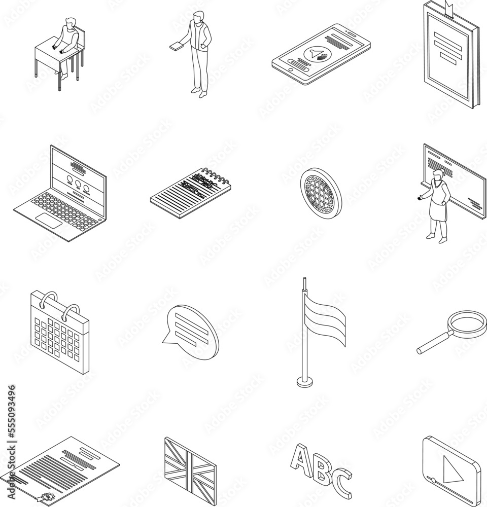 Poster foreign language teacher icons set. isometric set of foreign language teacher vector icons outline o