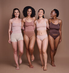 Diversity, woman and happy portrait in underwear for body motivation, beauty support and friendship collaboration. Interracial models, luxury skincare wellness and body positive happiness in studio - obrazy, fototapety, plakaty