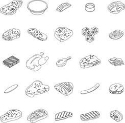 Meat icons set. Isometric set of meat vector icons outline on white thin line collection