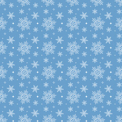 Snowflake simple seamless pattern. White snow on blue background. Winter symbol, Merry Christmas holiday