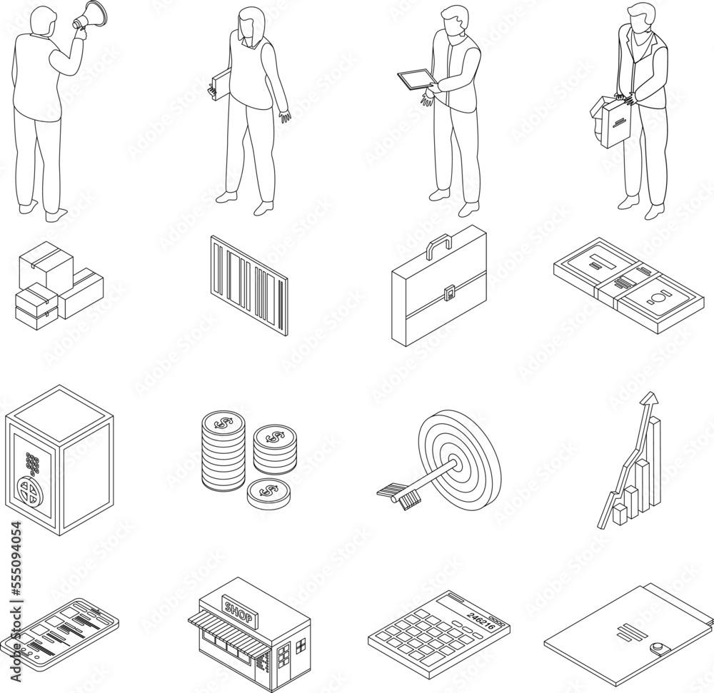 Poster purchasing manager icons set. isometric set of purchasing manager vector icons outline on white thin