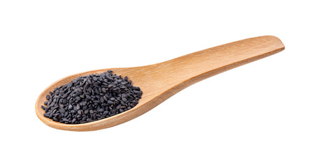 black sesame in  wood spoon isolated on transparent png