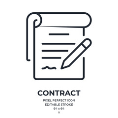 Contract and signature concept editable stroke outline icon isolated on white background flat vector illustration. Pixel perfect. 64 x 64.