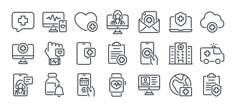 Digital healthcare and telemedicine editable stroke outline icons set isolated on white background flat vector illustration. Pixel perfect. 64 x 64.