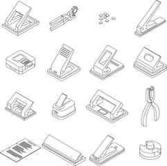 Hole puncher icons set. Isometric set of hole puncher vector icons outline on white thin line collection
