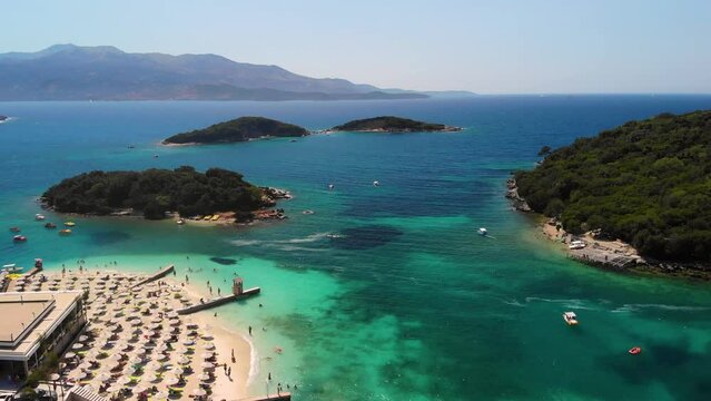 Ksamil Islands, Albania. Aerial stunning scenery 4K drone footage. Southern part of Albania, Iionic sea