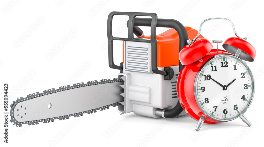Poster chainsaw with alarm clock, 3d rendering