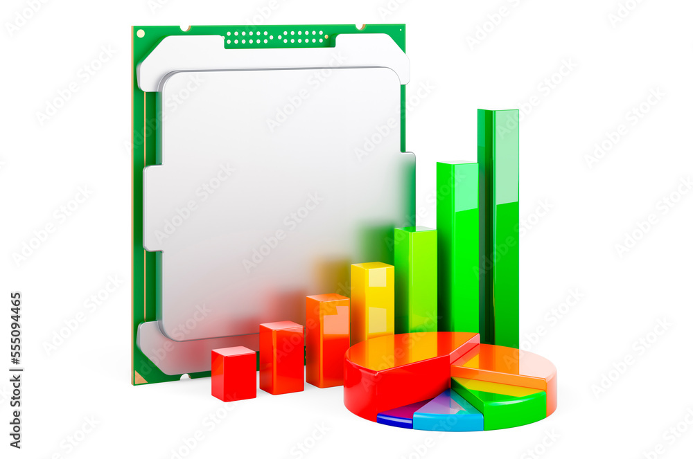 Poster cpu with growth bar graph and pie chart, 3d rendering