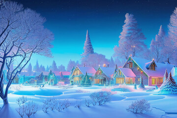 AI Generated Digital Illustration of a picturesque Christmas Village Covered With Snow and Christmas Decorations