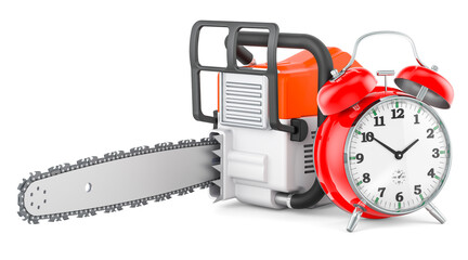 Chainsaw with alarm clock, 3D rendering