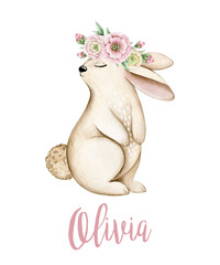 Watercolor illustration poster with bunny in wreath and name. Isolated on transparent background. Hand drawn clipart. Perfect for card, postcard, tags, invitation, printing, wrapping.