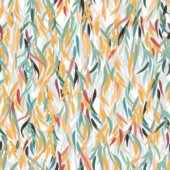 Seamless vector pattern with weeping willow branches. The drooping branches of a tree with colorful autumn leaves. Natural print on a light background. - obrazy, fototapety, plakaty