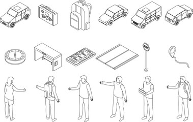 Hitchhiking icons set. Isometric set of hitchhiking vector icons outline on white thin line collection