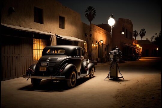 A Retro Hollywood Set At Night With Outdoor Lighting And A Vintage Classic Automobile. Glossy Black Finish Of A Retro Car On A Movie Set At Nighttime. Soft Romantic Atmosphere. Generative Ai