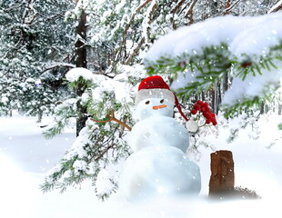   snowman in red santa hat winter forest pine trees cvered by snow Christmas background
