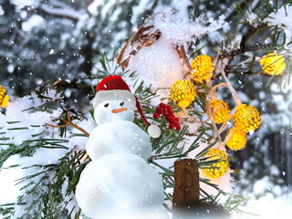   snowman in red santa hat winter forest pine trees cvered by snow Christmas background