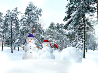   snowman in red santa hat winter forest pine trees cvered by snow Christmas background