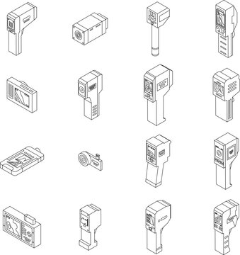 Thermal imager icons set. Isometric set of thermal imager vector icons outline on white thin line collection