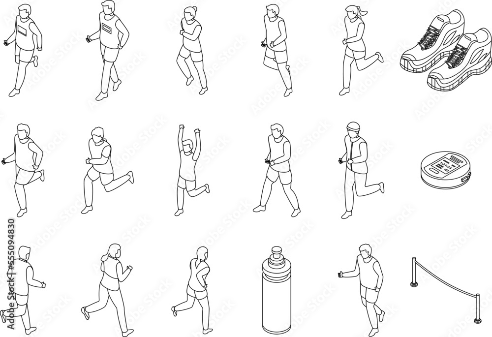 Poster running icons set. isometric set of running vector icons outline on white thin line collection