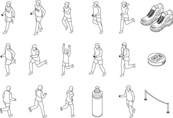 Running icons set. Isometric set of running vector icons outline on white thin line collection